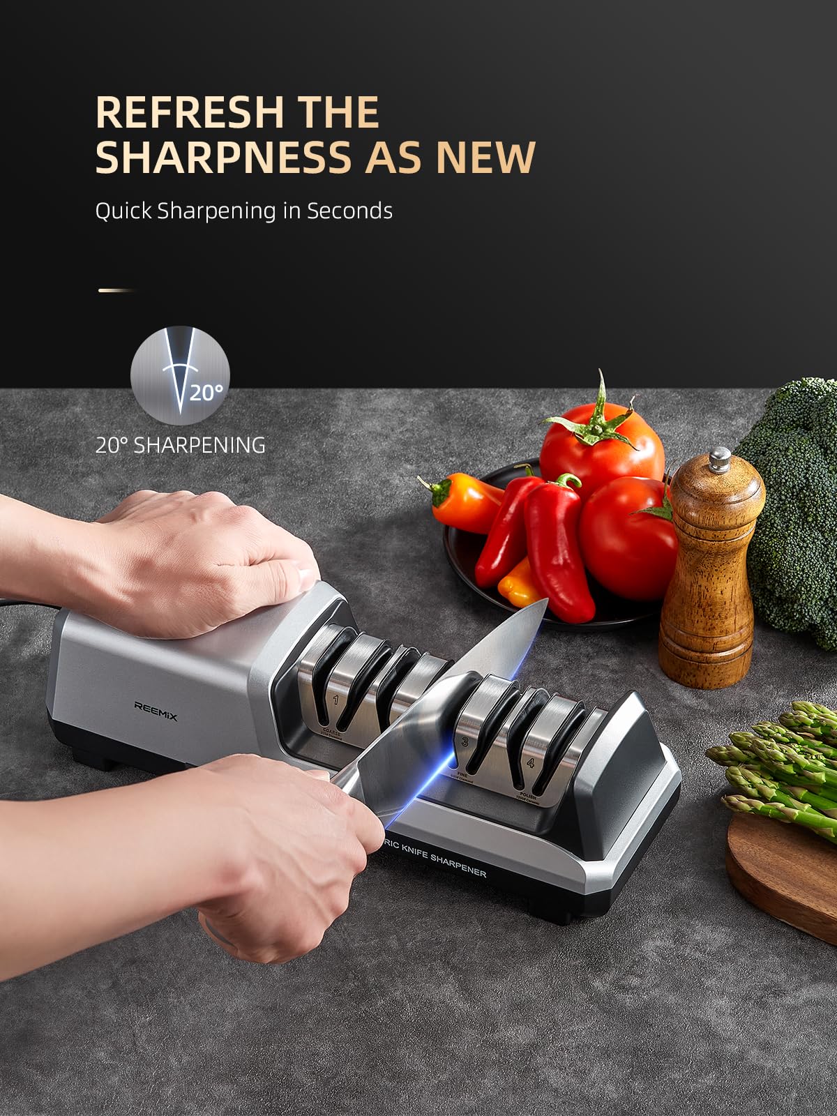 Reemix Electric Knife Sharpener with 4-Stage Sharpening (Repair, Coarse, Medium, Fine & Polish), 20° Fixed Angle, Non-Slip Base & Metal Shavings Collector for Kitchen Knives (Sliver)