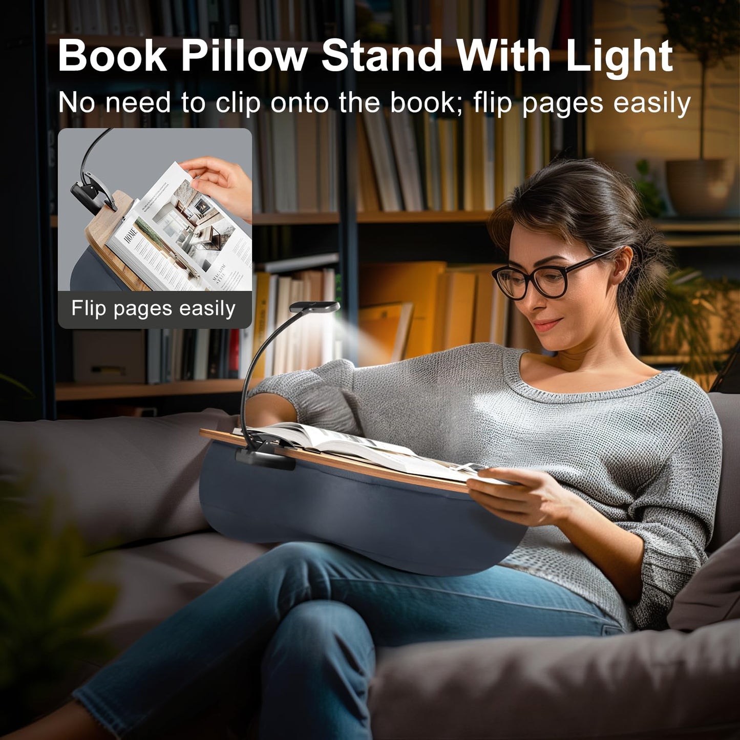 ERGONOV Book Pillow Stand with 6500K Reading Light, Hands Free Book Holder, Comfortable Lap Book Stand for Reading in Bed, Desk, or Sofa, Wooden Book Rest for Book Lovers,AAA Battery Required