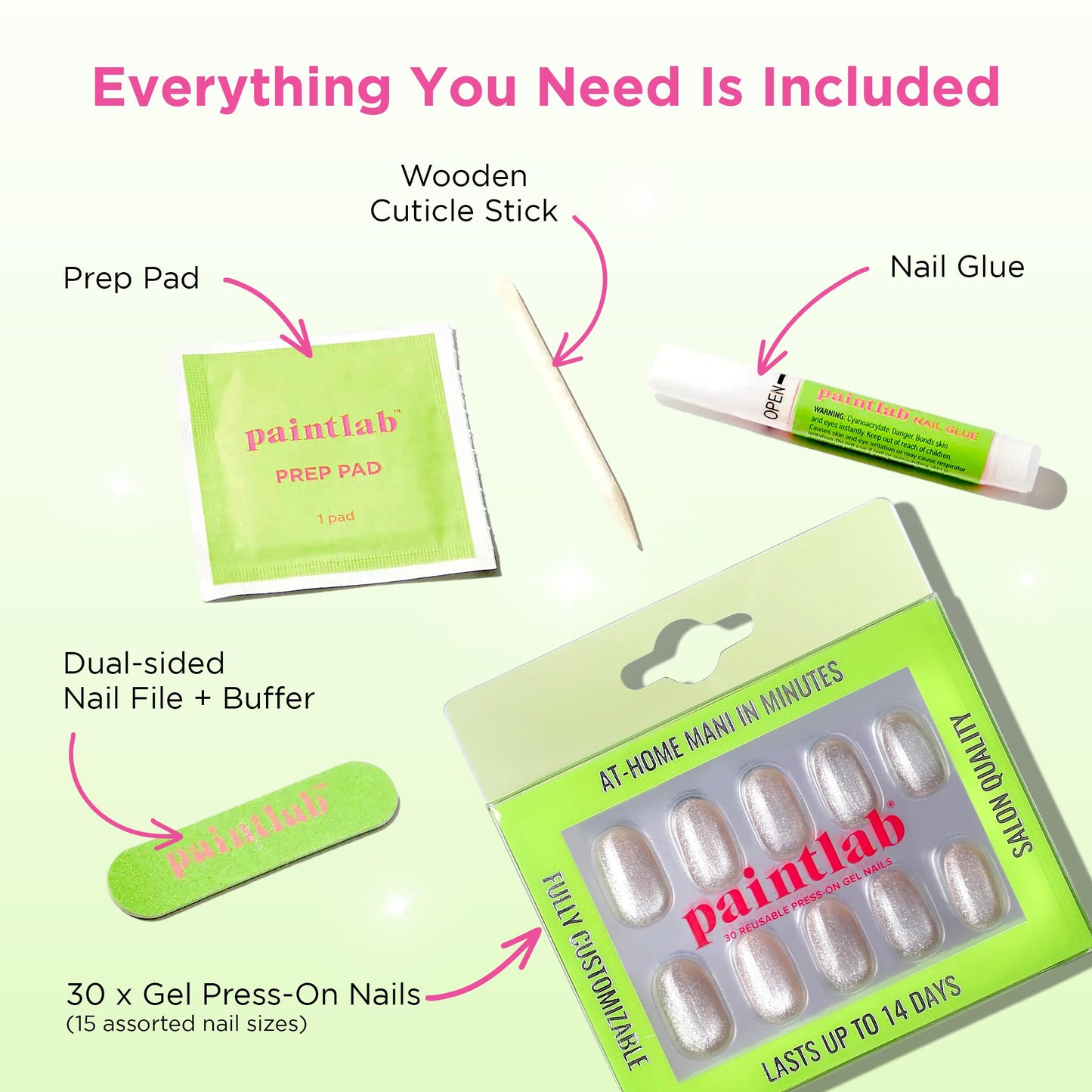 PaintLab Press On Nails - English Rose Cat Eye Short Oval Fake Nails, 30 Nails in 15 Sizes with Glue, Reusable Salon Quality Press On Nails