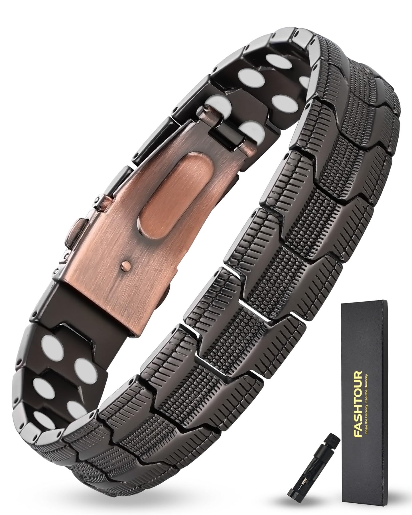 Fashtour Copper Bracelet for Men, 2X Strength 99.99% Pure Copper Magnetic Bracelet with Magnets, Butterfly Clasp Design, Adjustable Length with Sizing Tool (Gunmetal)