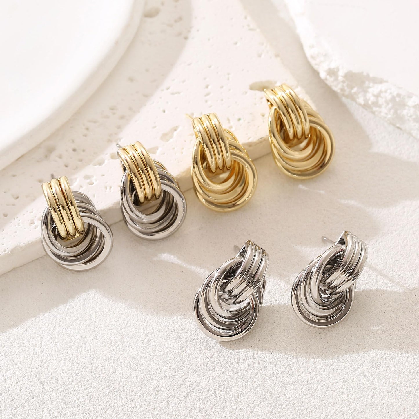 14K Gold Silver Earrings - Mixed Metal Knot Earring for Women, Trendy Two Tone Knotted Drop Statement Earring Jewelry