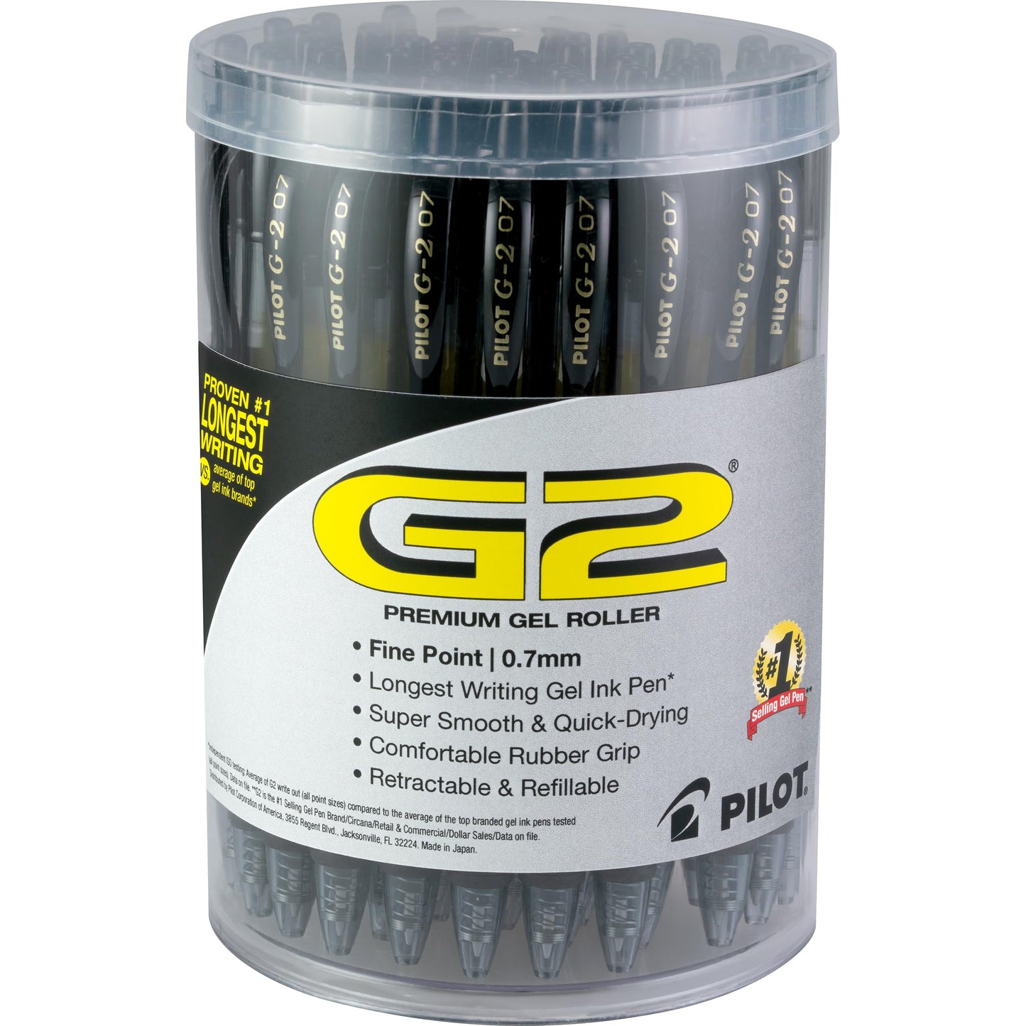 Pilot G2 Premium Gel Pens, Black Pens, Fine Point 0.7 mm, Tub of 48, Black