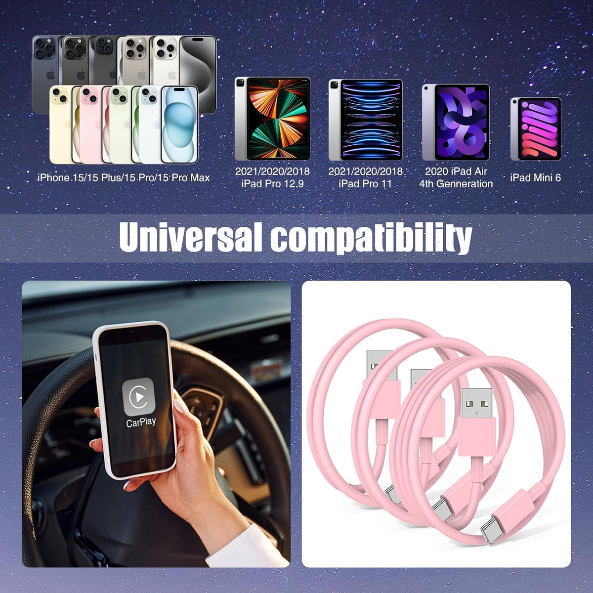3-Pack Pink [3.3FT+3.3FT+6FT] USB A to USB C Cable，USB to USB C Car Carplay Cable for iPhone 16 15 Pro Plus Pro Max，for iPad Pro/Air/Mini，for Samsung S24/S23/S22/S21，for MacBook Pro/Air and More