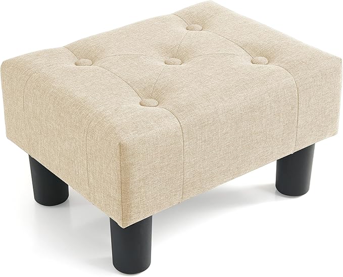 Poofzy Small Foot Stool Ottoman, Linen Ottoman Foot Rest with Legs, Rectangle Foot Rest for Couch, Footstools and Ottomans Small for Living Room and Entryway (Beige)