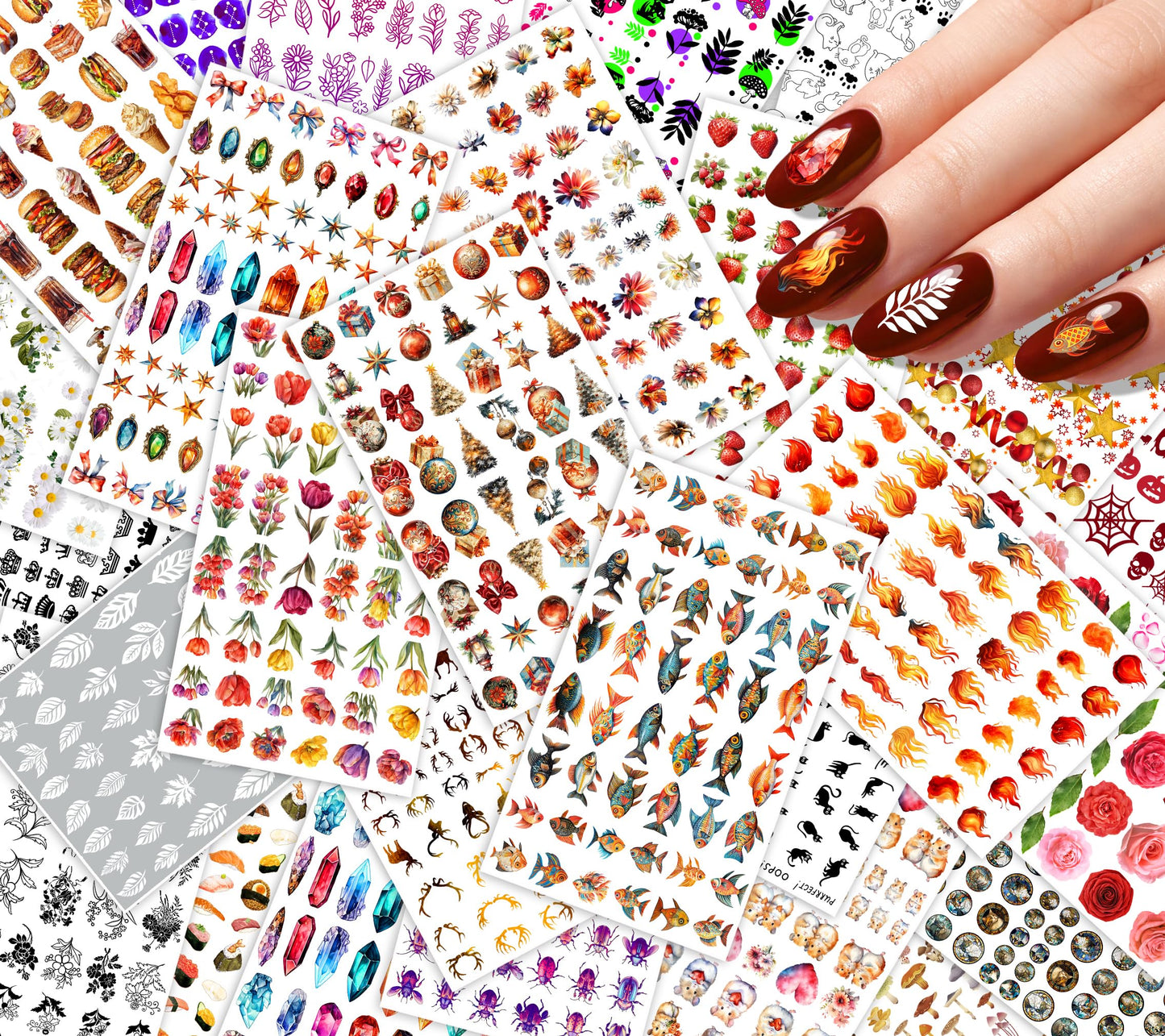 30 Sheets Nail Stickers Collection ~ Flame Elements ~ Fire Flames Crystals Stars Ornaments Flowers and Assorted Motifs in Vibrant Detailed Style Creating Bold Dynamic Manicure Decals