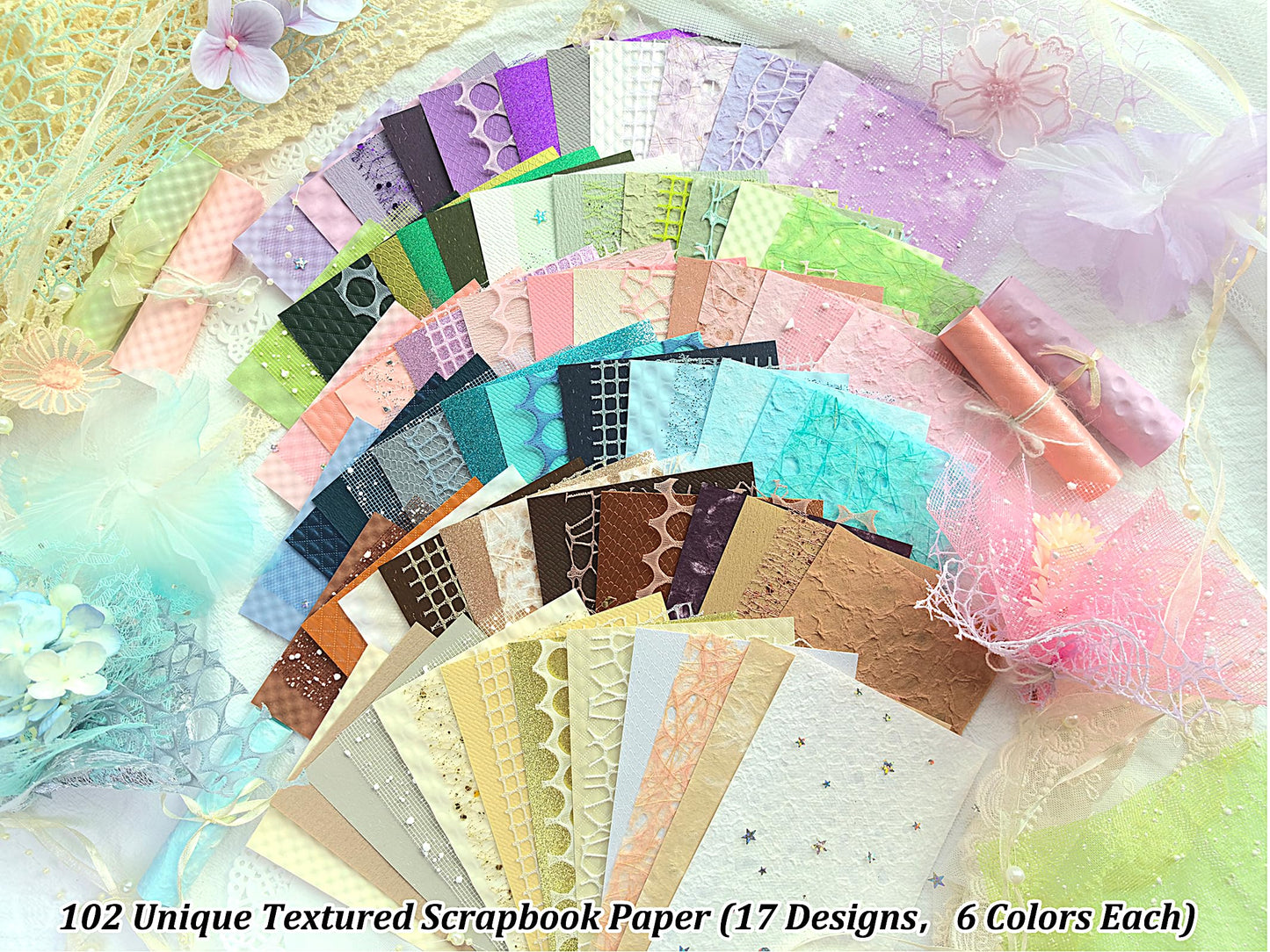 Flartmo 102 Unique Textured Scrapbook Papers and Mesh Fabric Sheets(17 Designs × 6 Colors), Handmade Craft paper for Scrapbooking, Junk Journal, Card Making Supplies, Planner, Collage (5.9" x 3.9")