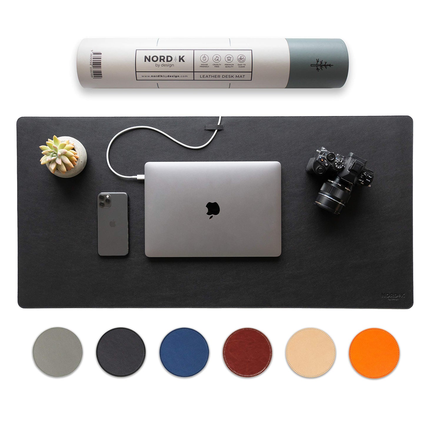 Nordik Leather Desk Mat Cable Organizer - Pebble Black 35 X 17 inch - Premium Mouse Mat - Felt Vegan Leather Desk Pad Protector - Desk Blotter Matt Keyboard - Large Desk Matt for Desktop Computer