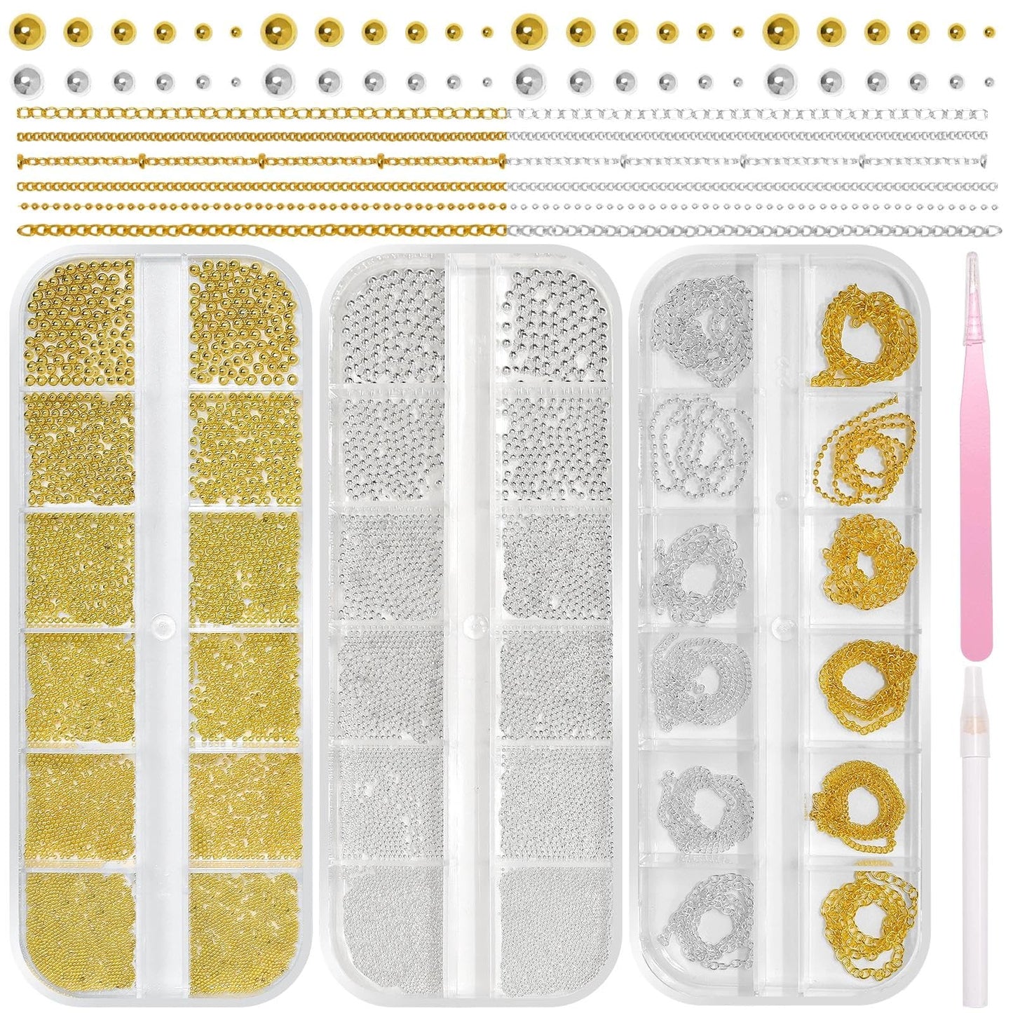 3 Boxes Caviar Metal Nail Beads, Gold Silver Nail Chains, Mix Sizes 0.6-2mm Round Gold Silver Caviar Beads for Acrylic Nails Art DIY Crafts Embellishment Making