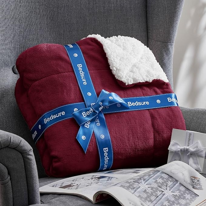 Bedsure Sherpa Fleece Blankets King Size for Bed - Thick and Warm, Soft Fuzzy Plush King Blanket for Winter, Winery Red, 108x90 Inches
