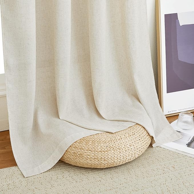 NICETOWN Flax Linen Semi Sheer Curtains 96 inches Long, Grommet Vertical Drapes Privacy Added with Light Filtering Window Treatments for Bedroom/Living Room, Natural, W55 x L96