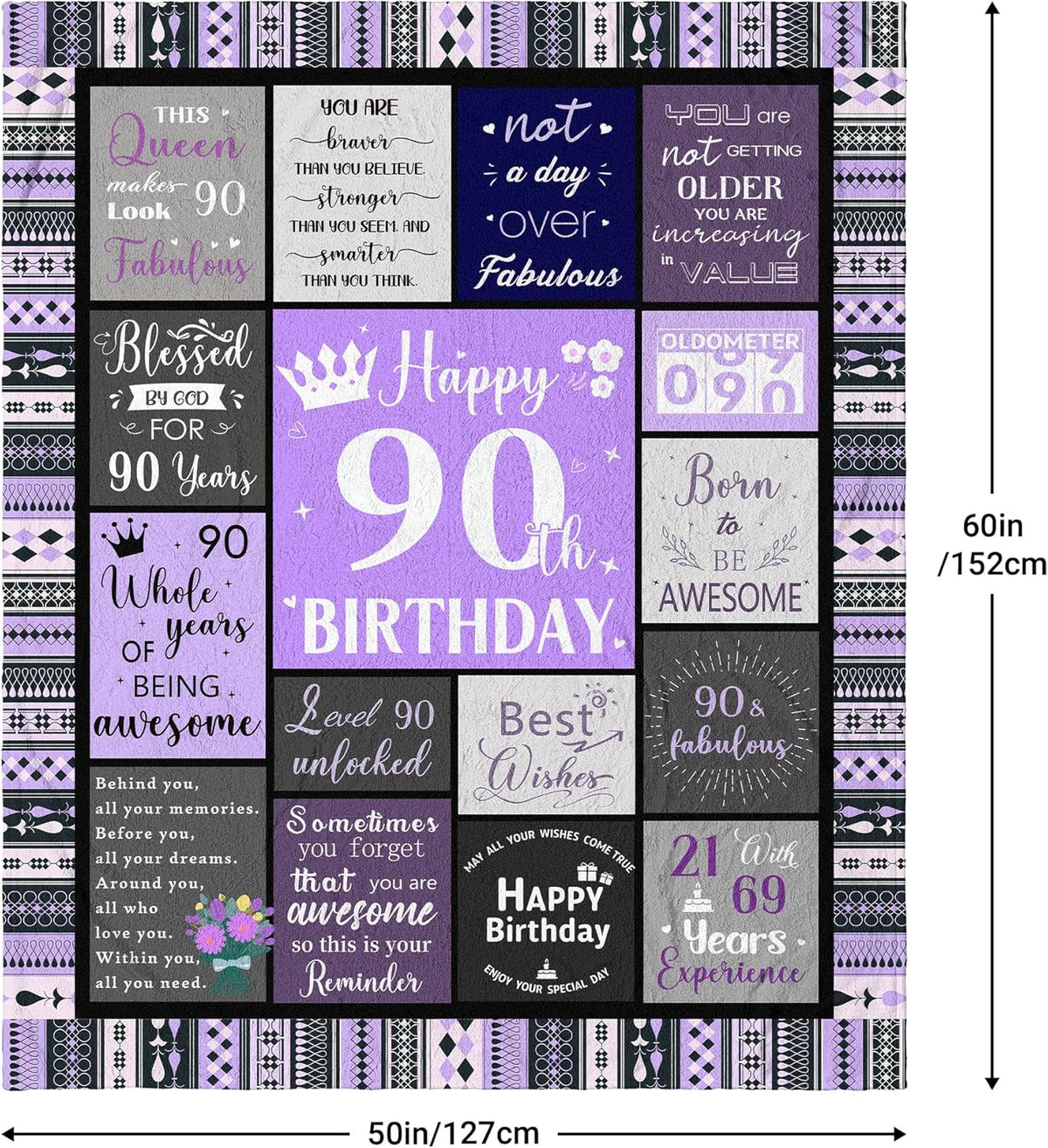 90th Birthday Gifts for Women Soft Purple Blanket 60"X50", Best Gifts for 90 Year Old Woman, Happy 90th Birthday Ideas Party Favors Decorations, 1935 Woman Present Throw