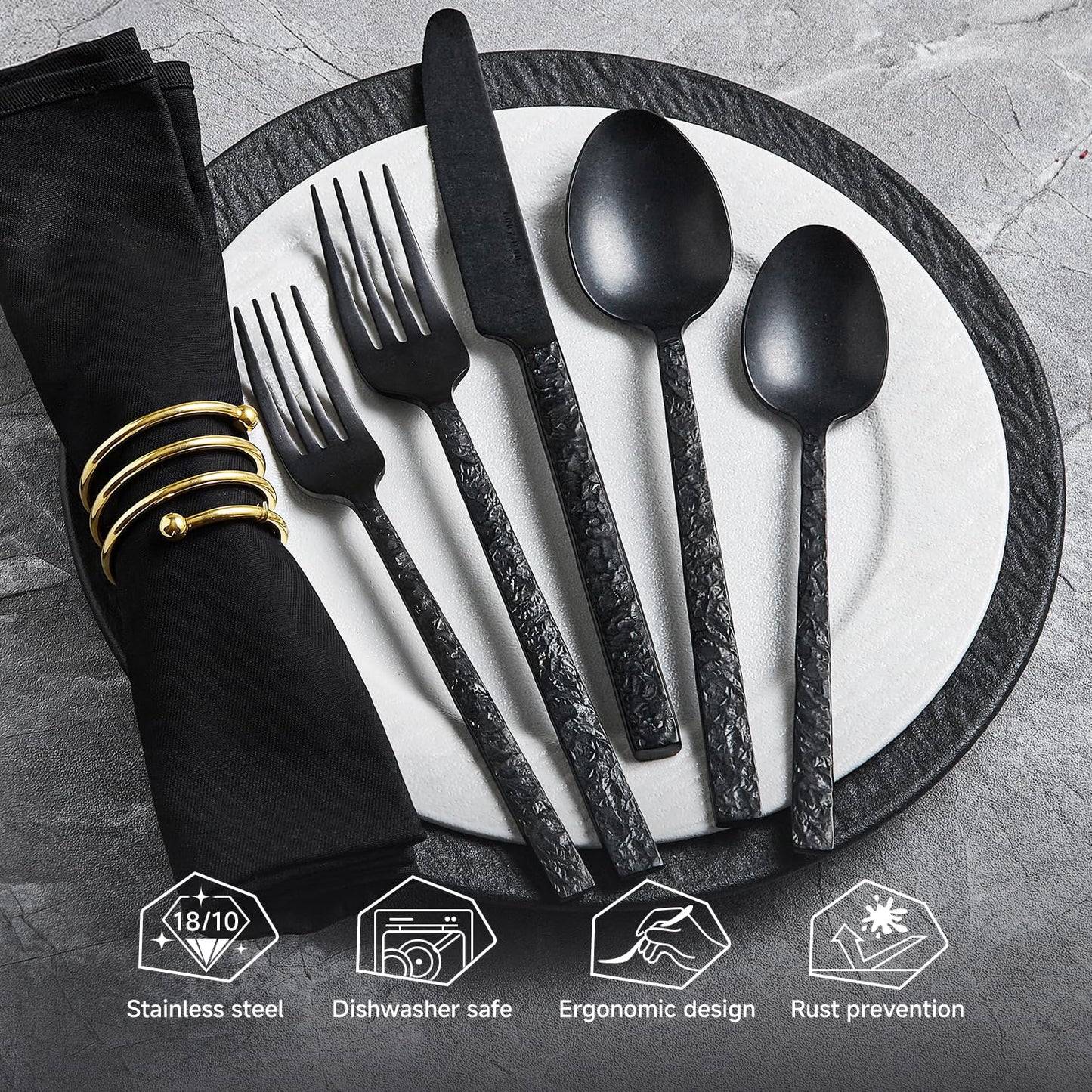 KINGSTONE 40 Pcs Black Hammered Silverware Set for 8, 18/10 Stainless Steel Heavy Duty Flatware Set, Tableware Cutlery Utensil Sets for Home Restaurant Dishwasher Safe