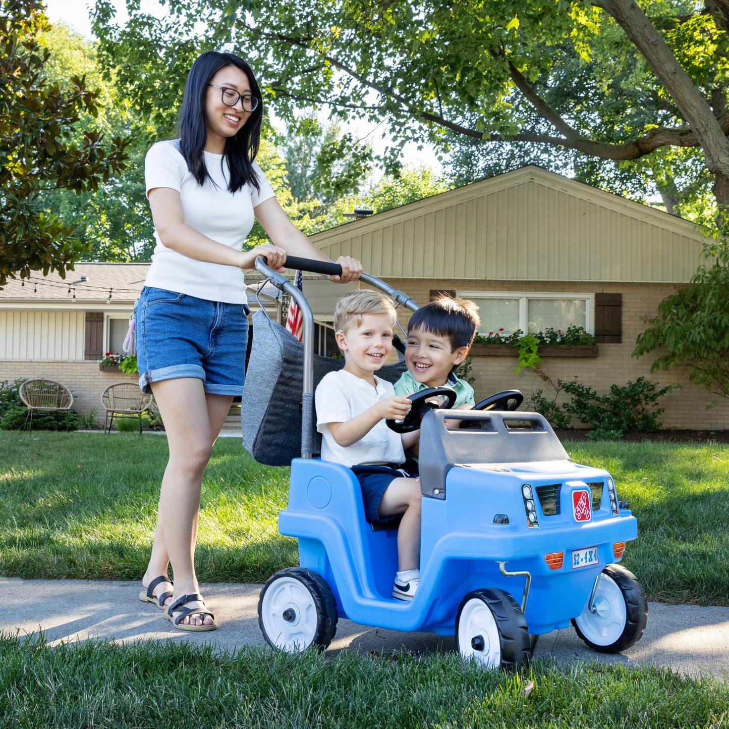 Step2 Side-by-Side Push Around SUV, 2-Seater Kids Push Car with Seat Belts, Dual Steering Wheels & Horns, Adjustable Canopy, Ages 18 months–5 years, Max 100 lbs., Durable Plastic, Blue