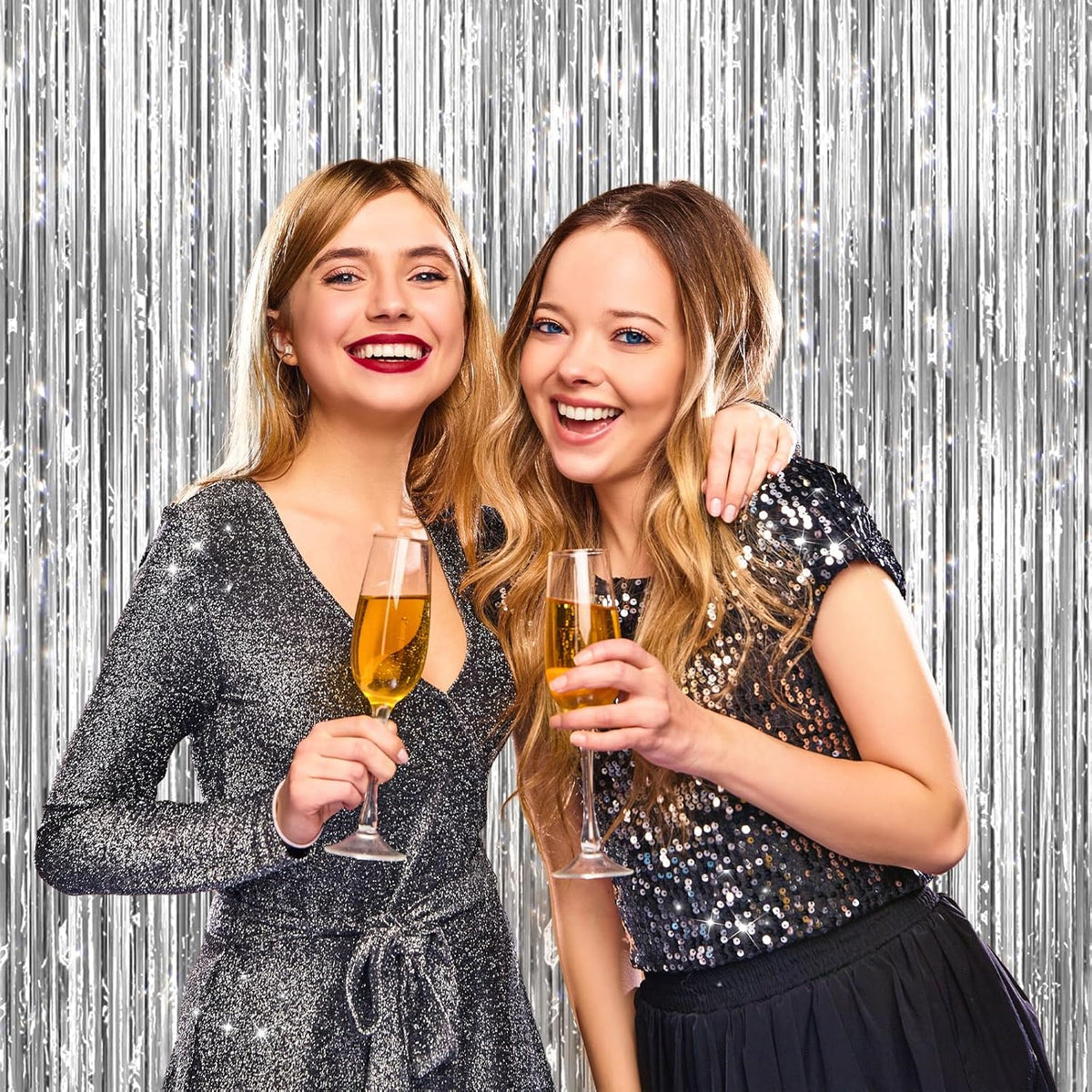 2 Pack Silver Metallic Tinsel Foil Fringe Curtains, Door Streamers Photo Booth Backdrop for Birthday Party, Tinsel Curtain Backdrop for Baby Shower Bachelorette Christmas Party Decorations