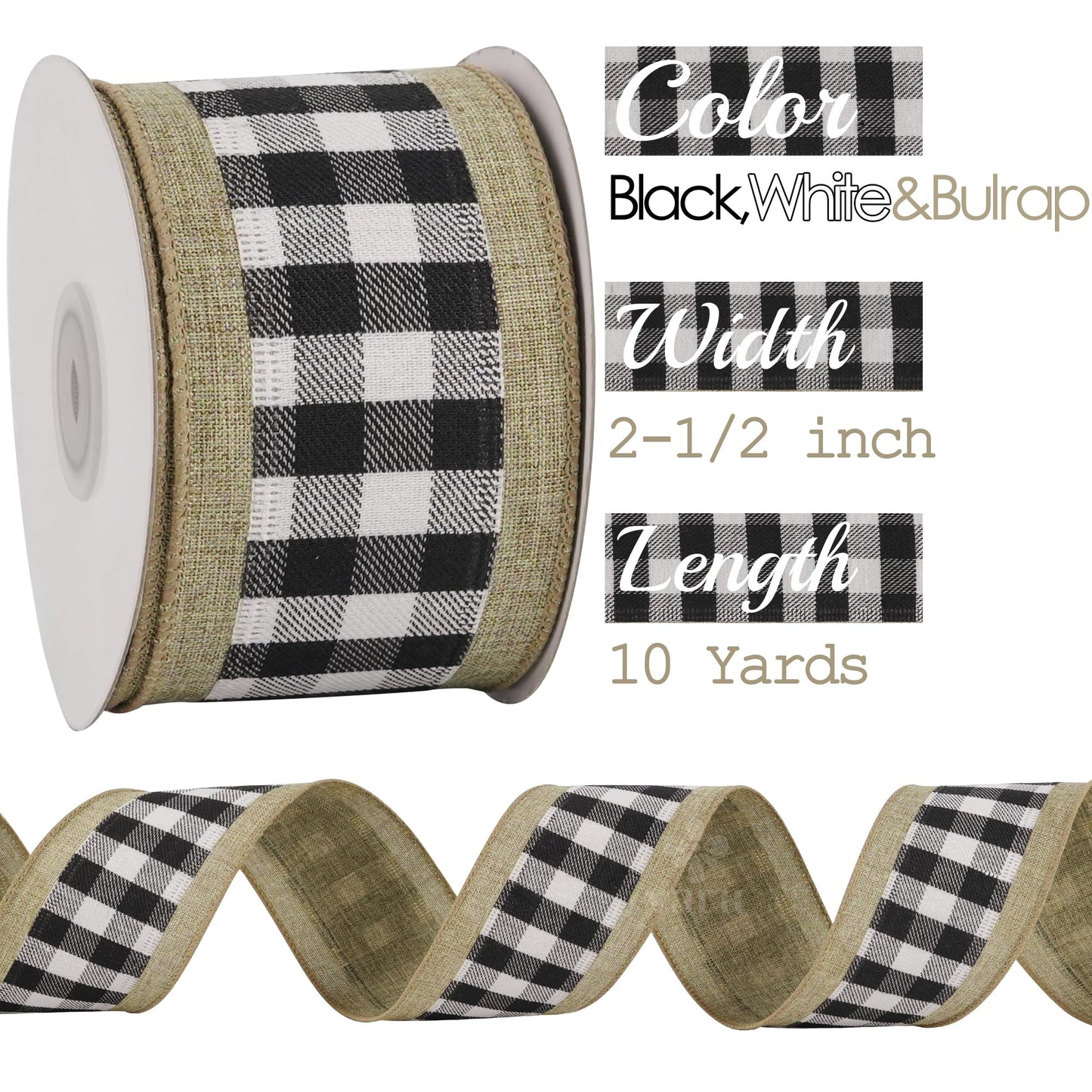 MEEDEE Buffalo Plaid Ribbon with Burlap Wired Edges 2.5 Inch Wide 10 Yards Black and White Ribbon for DIY Bows, Christmas Tree, Gift Wrapping, Wreaths