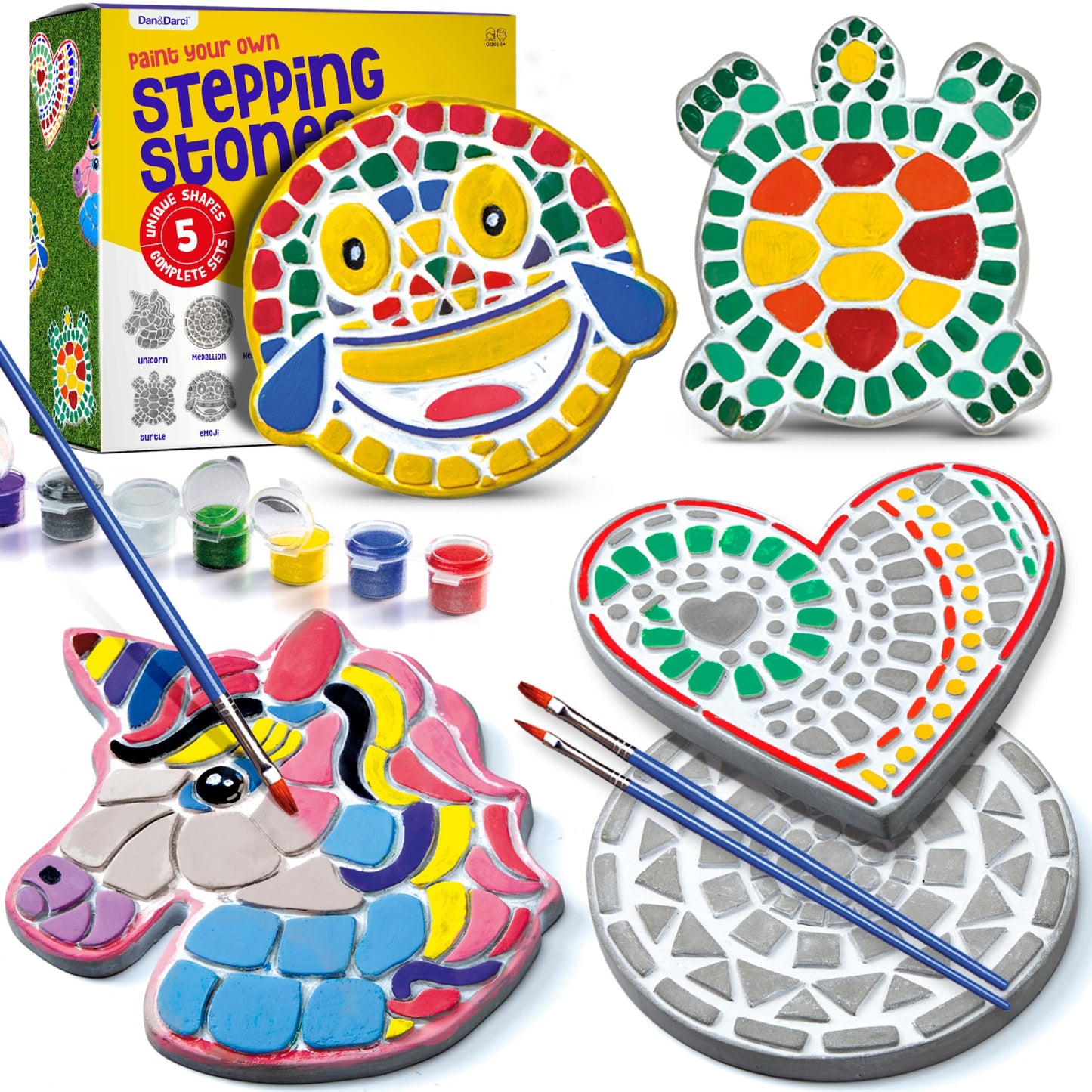 Dan&Darci Stepping Stones Painting Kit for Kids, 5 Paint Your Own Garden Stones with Paints and Brushes, Crafts for Kids Ages 6-8
