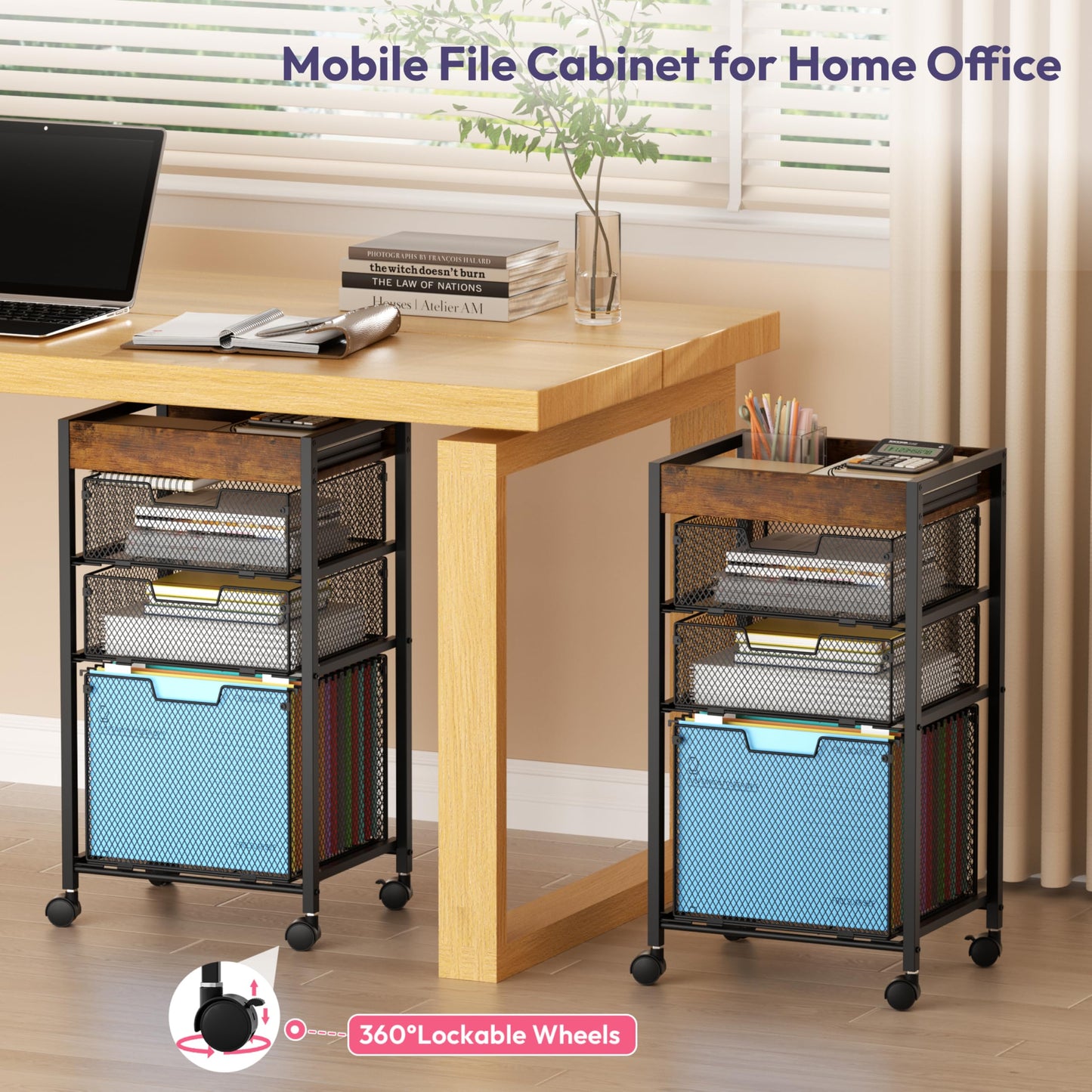 SWTYMIKI Rolling File Cart with Drawers - 4 Tier Under Desk Storage Craft Rolling Organizer Cart - Office Storage &Organization, Mobile Metal Filing Cabinet for Office and Home Espresso