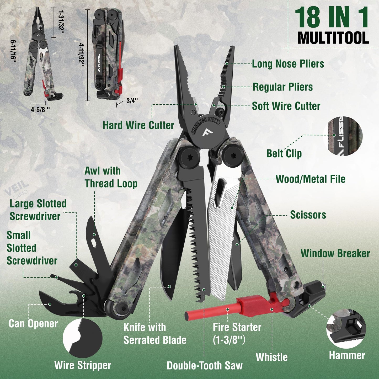 FLISSA Multitool, 18 in 1 Camo Multitool Pliers with Fire Starter, Window Breaker, Whistle, Stainless Steel EDC Gear with Sheath - Perfect for Survival, Simple Repair, Camping