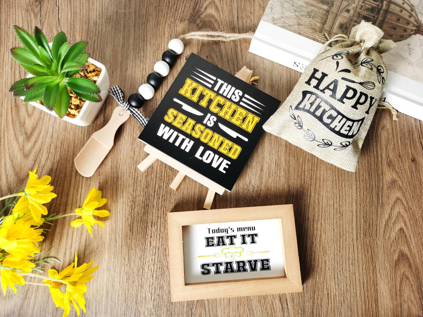 Rustic Farmhouse Kitchen Decor Set - 5-Piece Wooden Signs with Funny & Inspirational Quotes, Free-Standing Shelf & Tabletop Decor for Counter, Dining Room, Cafe - Housewarming Gift for Chef, Home