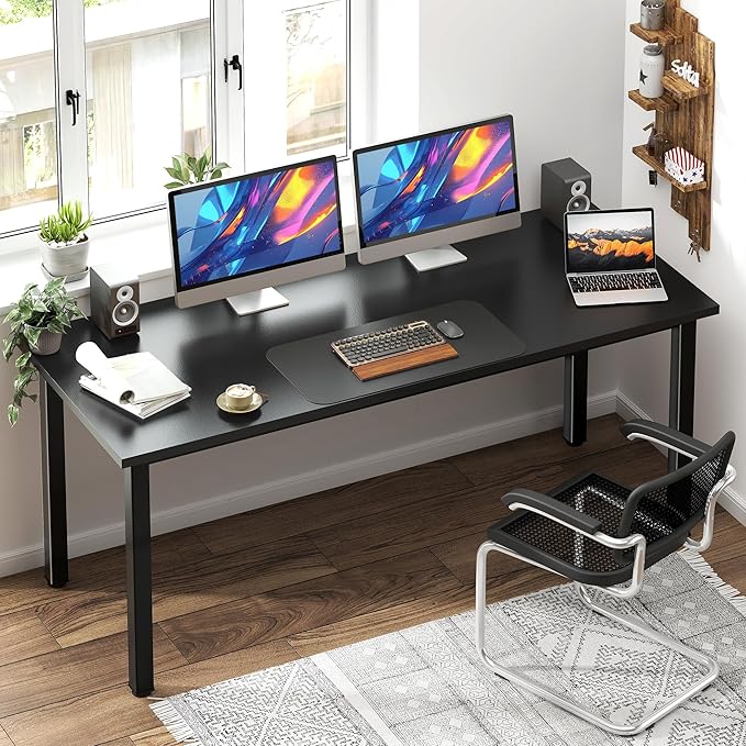 Need 63 Inch Large Computer Desk, Modern Simple Style Home Office Gaming Desk, Basic Writing Table for Study Student, Wooden Desktop and Metal Frame, Black