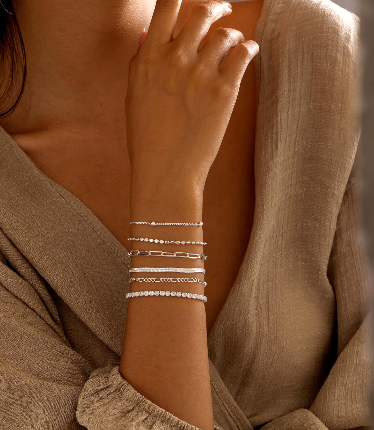 DEARMAY Silver Plated Bracelets for Women Trendy, Dainty Silver Plated Jewelry Set Waterproof Fashion Stackable Tennis Figaro Herringbone Paperclip Chain Bracelet Pack Stack Gifts for Womens