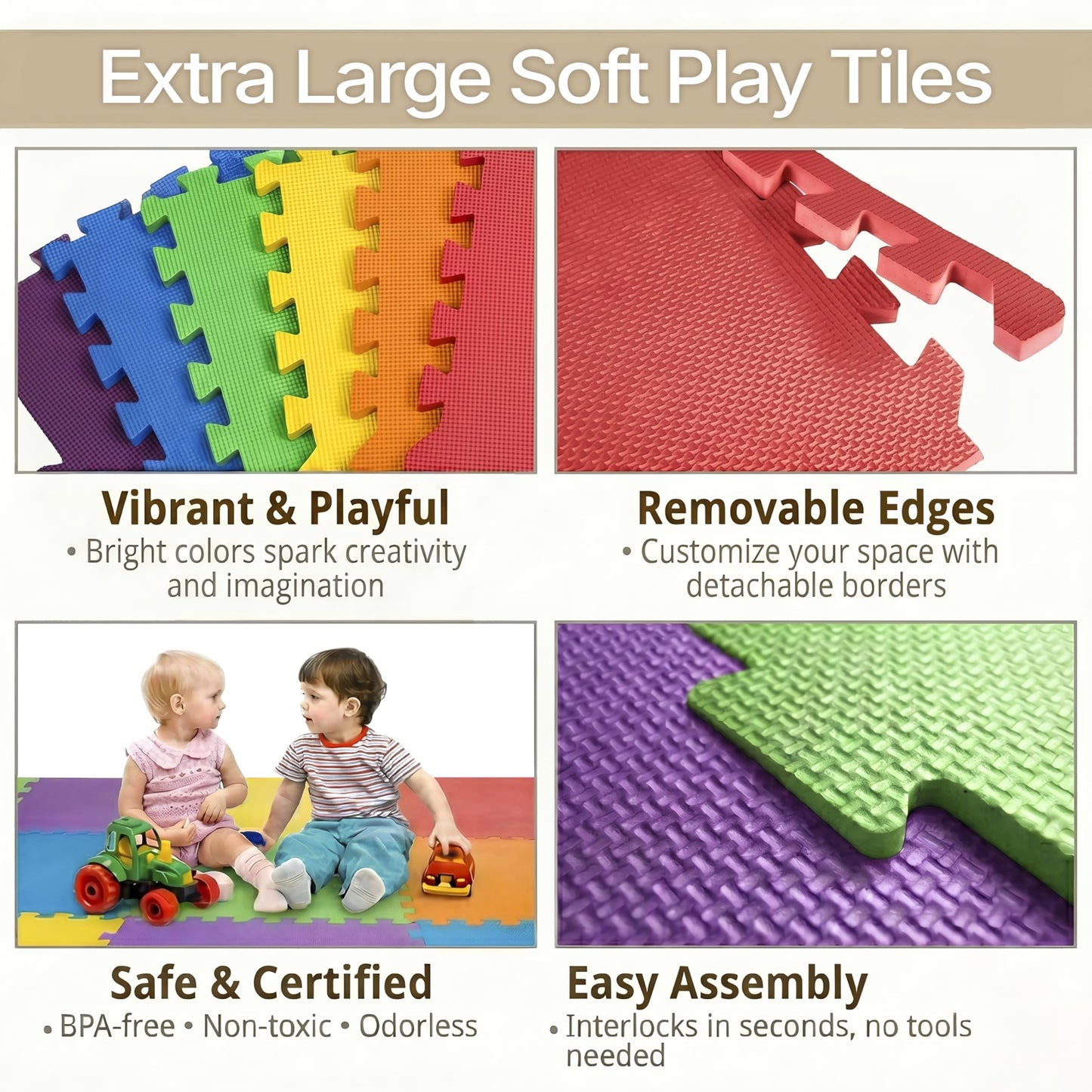 FlooringInc Baby Play Mat for Floor, Extra Large 2'x2' Foam Floor Tiles for Kids, Soft Interlocking Puzzle Mat, 1/2 Inch Thick, Non-Toxic EVA (Rainbow, 48 Tile Pack, 192 Sq Ft)