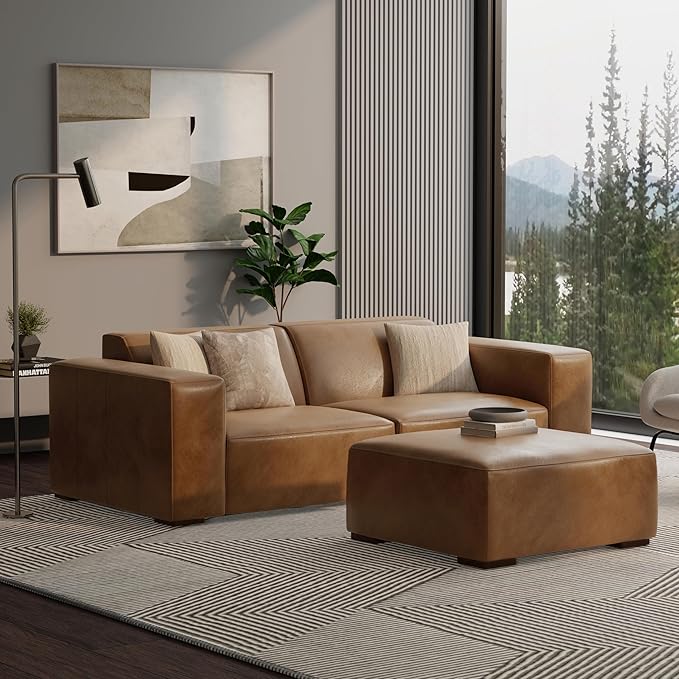 SIMPLIHOME Rex Modular Sofa and Ottoman Set in Full-Grain Genuine Leather, Caramel Brown, 88-inch-Wide 2-Seater Leather Couch and Matching 34-inch-Wide Table Ottoman for Living Room