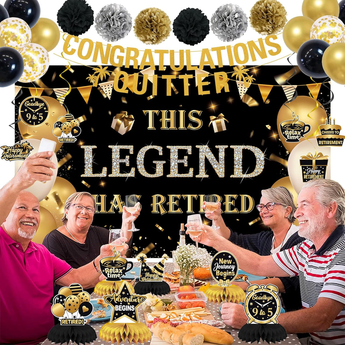 DARUNAXY Black Gold Retirement Party Decorations, This Legend Has Retired Banner Congratulations Quitter Hanging Swirl Honeycomb Confetti Balloons Black & Gold Tissue Paper Pom Poms & Cake Topper