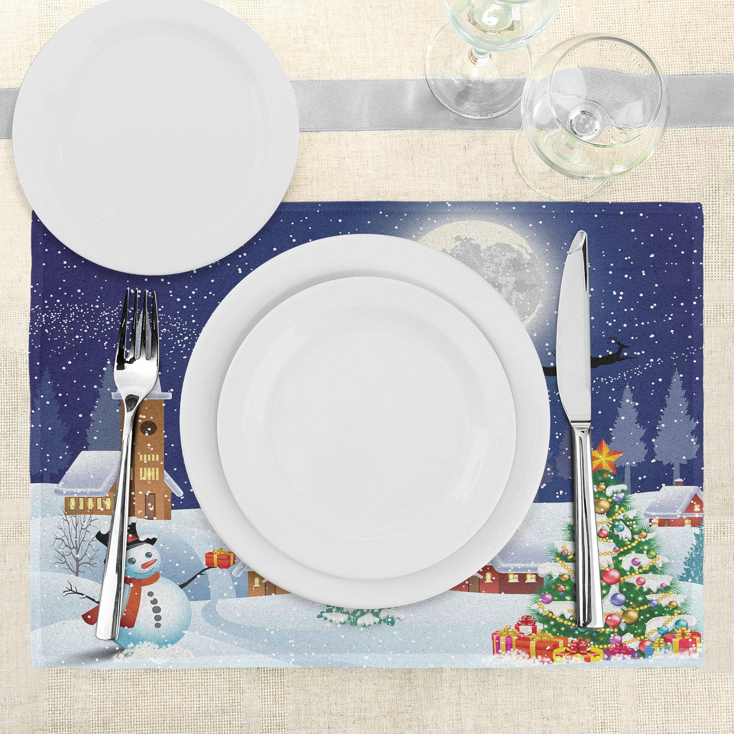Ambesonne Christmas Place Mats Set of 8, Winter Season Snowman Xmas Tree Santa Sleigh Moon Present Boxes Snow and Stars, Washable Fabric Placemats for Dining Table, Placemat 8 pcs, White Blue