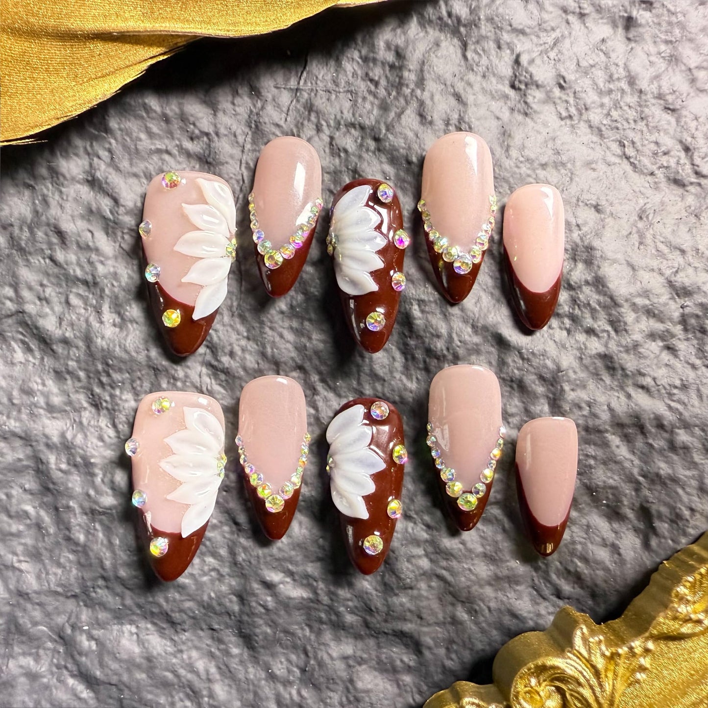 Handmade Press On Nails Almond Medium Elegant Cherry Red French With Rhinestone Detail Handmade Nails 3d Dloral Reusable Wedding Prom And Festival Acrylic Press On Nails (Short)