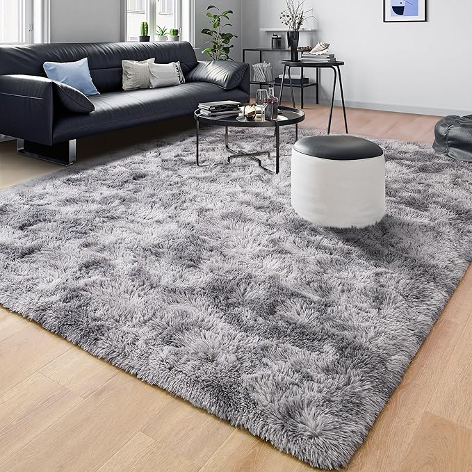 Tepook Area Rugs 10x14 for Living Room, Super Soft Fluffy Rugs for Bedroom, Modern Shaggy Rug Fuzzy Carpets for Kids, Plush Indoor Nursery Home Decor Rug with Non-Slip Bottom, Tie-Dyed Light Grey