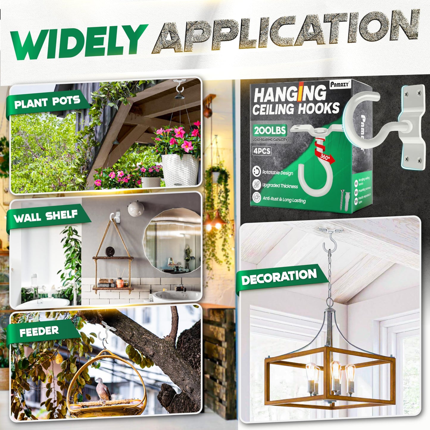 [UPGRADED] 200LBS 4Pcs Rotatable Ceiling Hooks with 4 Screw Points Plate Base, White Wall Mount Metal Hanger for Hanging Plants, Bird Feeders, Lanterns, Lights, Wind Chimes, Indoor Outdoor Decor