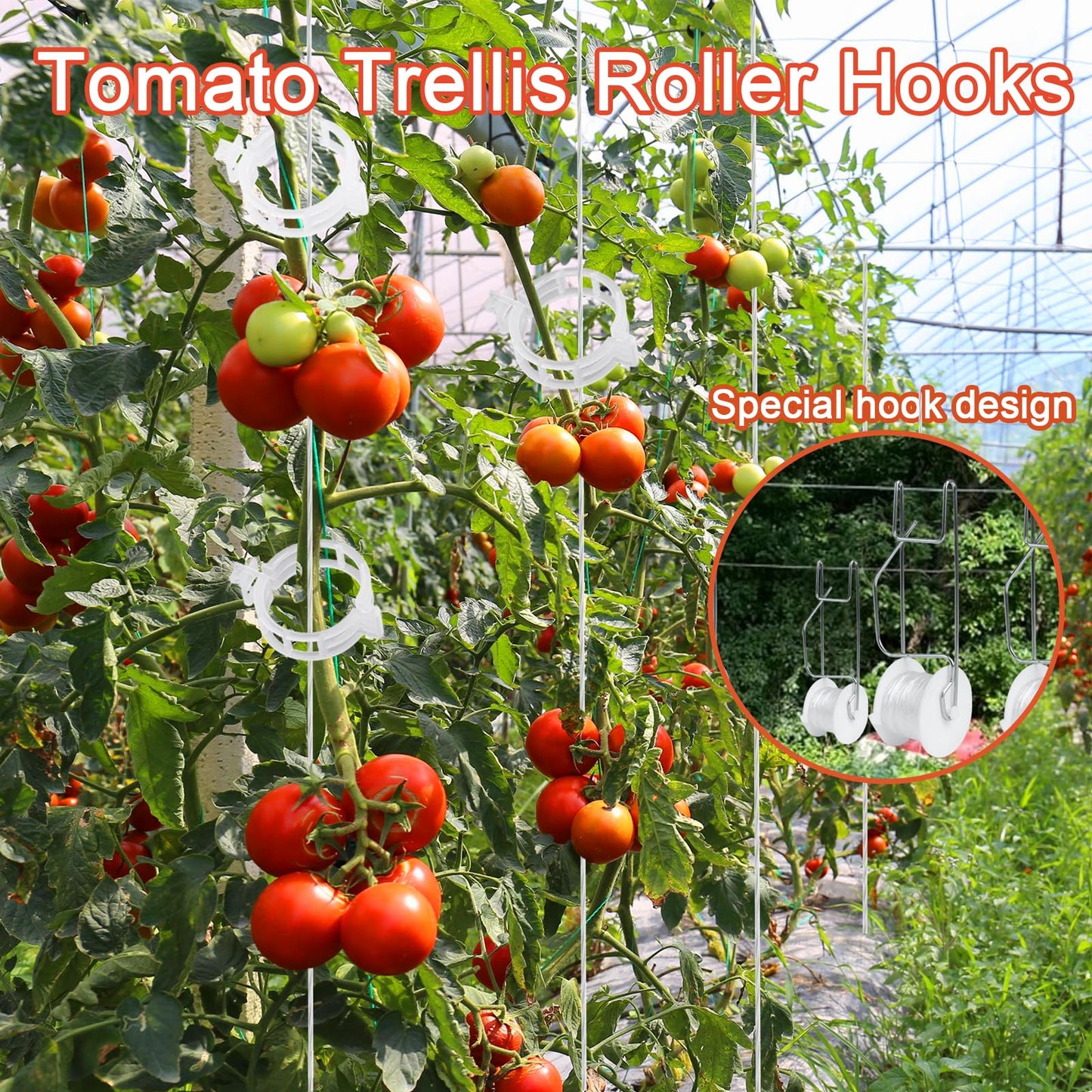 Hidbot Tomato Support Hooks with String,20 Pack Tomato Trellis Roller Hooks with 49.2FT String for Plant,Greenhouse Tomato Flower Vine Twine Crop Trellis Kit Plant Roller Hook