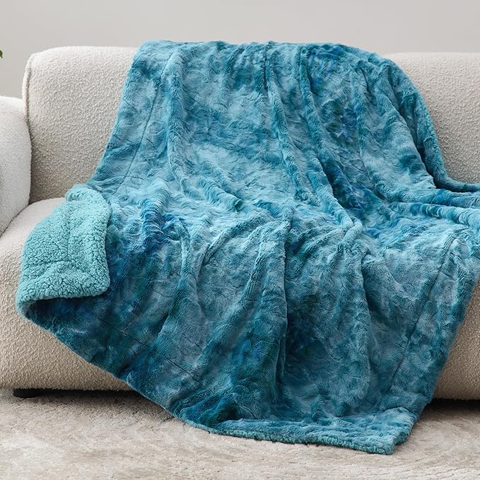 Bedsure Sherpa Blanket Twin Size - Soft, Fuzzy & Fluffy Faux Fur - Warm, Cozy Blanket for Couch, Sofa and Bed, Tie Dye Design, Teal, 60x80 Inches