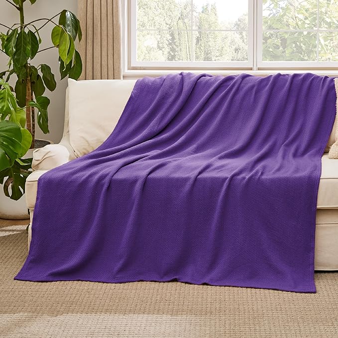 Bedsure 100% Cotton Blanket Twin XL Size for Bed - Breathable and Lightweight, Soft Cozy Textured Herringbone Woven Blanket for Summer Spring, Purple, 66x90 inches