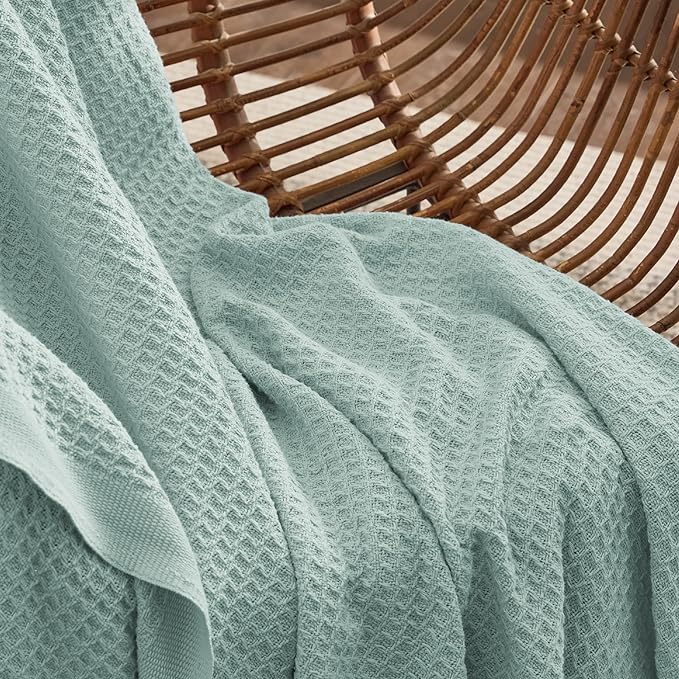 Bedsure 100% Cotton Blanket Queen Size for Bed - Breathable and Soft, Waffle Weave Blanket for Summer Spring, Mint, 90x90 Inches