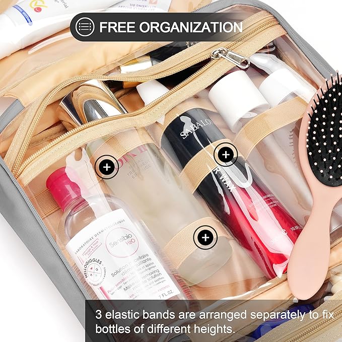 Travel Hanging Toiletry Bag for Women, with Jewelry Organizer Compartment, Medium Waterproof Hanging Makeup Accessories, Cosmetic Essentials, Toiletries Dopp Kit Set with Trolley Belt, Grey