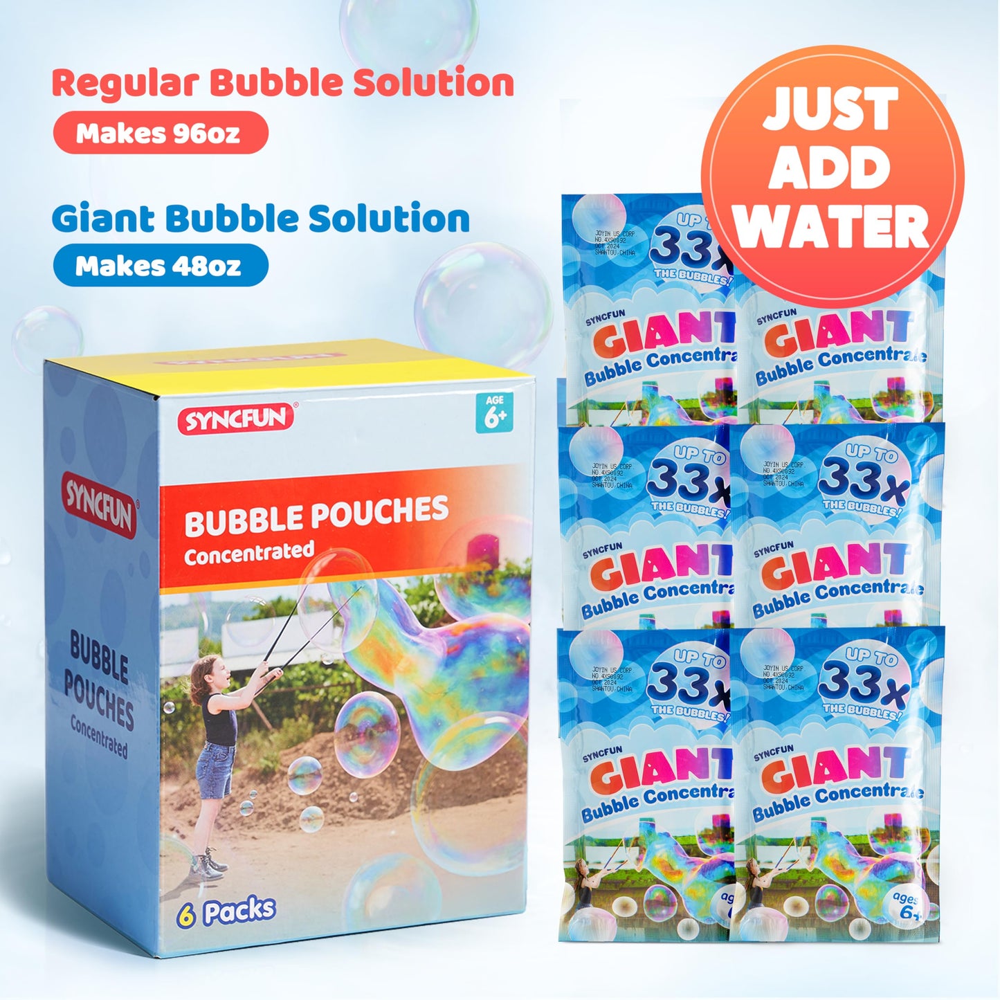 SYNCFUN Giant Bubble Solution (Up to 4.5 Gallons), 6 Pouches Concentrated Solution Refill for Bubble Machine, Wands, Blower, Easter, Outdoors Activity