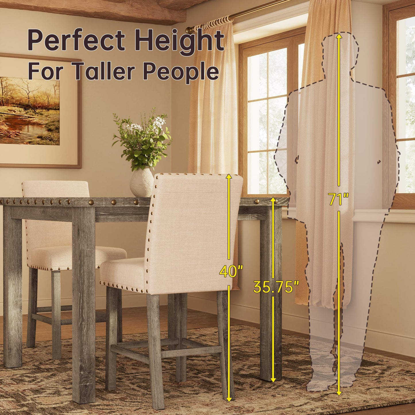 Farati Counter Height Dining Table Set for 4,Farmhouse Dining Table Set for 4,Square Bar Kitchen Dining Table with 4 Bar Stools,High Dining Table and Chairs for Dining Room, Kitchen