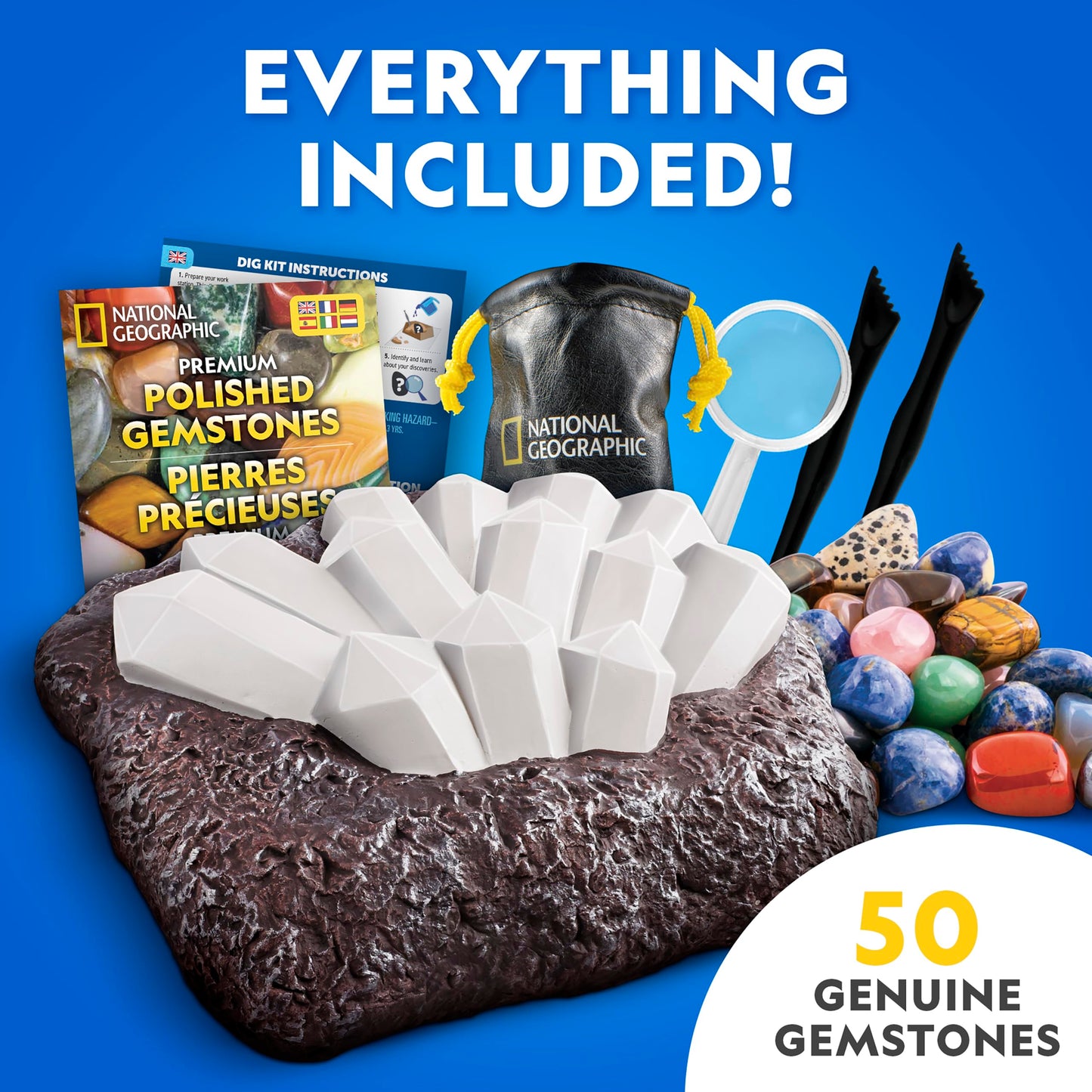 National Geographic Gigantic Gemstone Dig Kit – Excavate 50 Real Gems from a Giant Dig Brick, Gem Mining Kit for Kids, STEM Rock Collection Activity, Includes Tools & Learning Guide