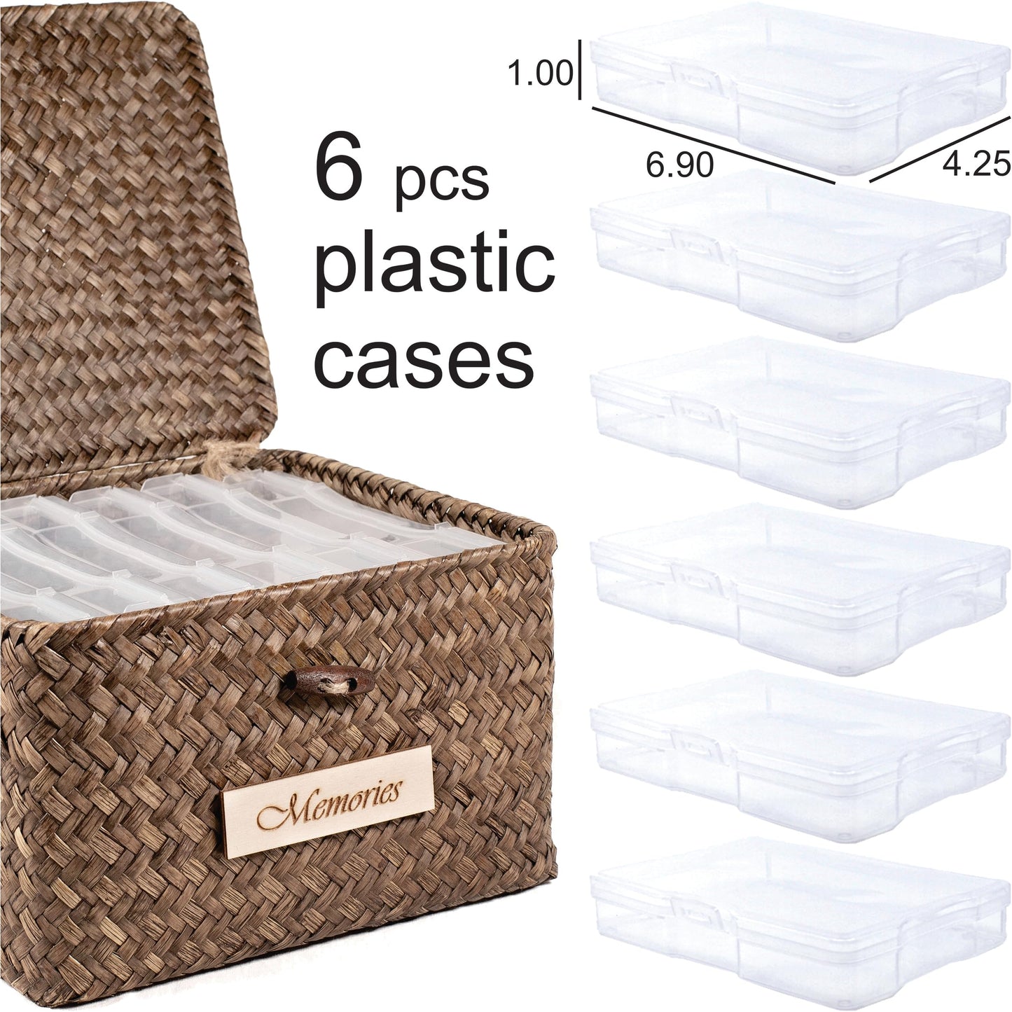 Photo Storage Box - Keepsake Box - Inner 6 Plastic Photo Case Keeper Organizer - Natural Hand Crafted Stationery Storage Containers for Organizing Pictures Stickers Postcards Scrapbooking - Seagrass