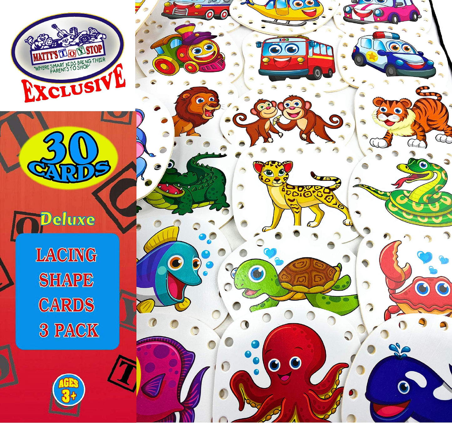 Matty's Toy Stop Deluxe Lacing Shapes (10 Count) Vehicles, Fish & Jungle Animals Educational Gift Set Bundle - 3 Pack (30 Shapes Total)