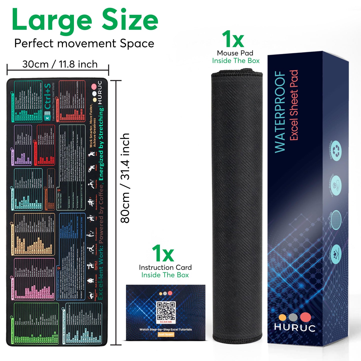 HURUC Excel Cheat Sheet Desk Pad – XL Excel Mouse Pad with Shortcut Keys & Formulas | 31.5"x11.8" Waterproof Non-Slip Desk Mat, HD Print, Stitched Edges for Work & Gaming
