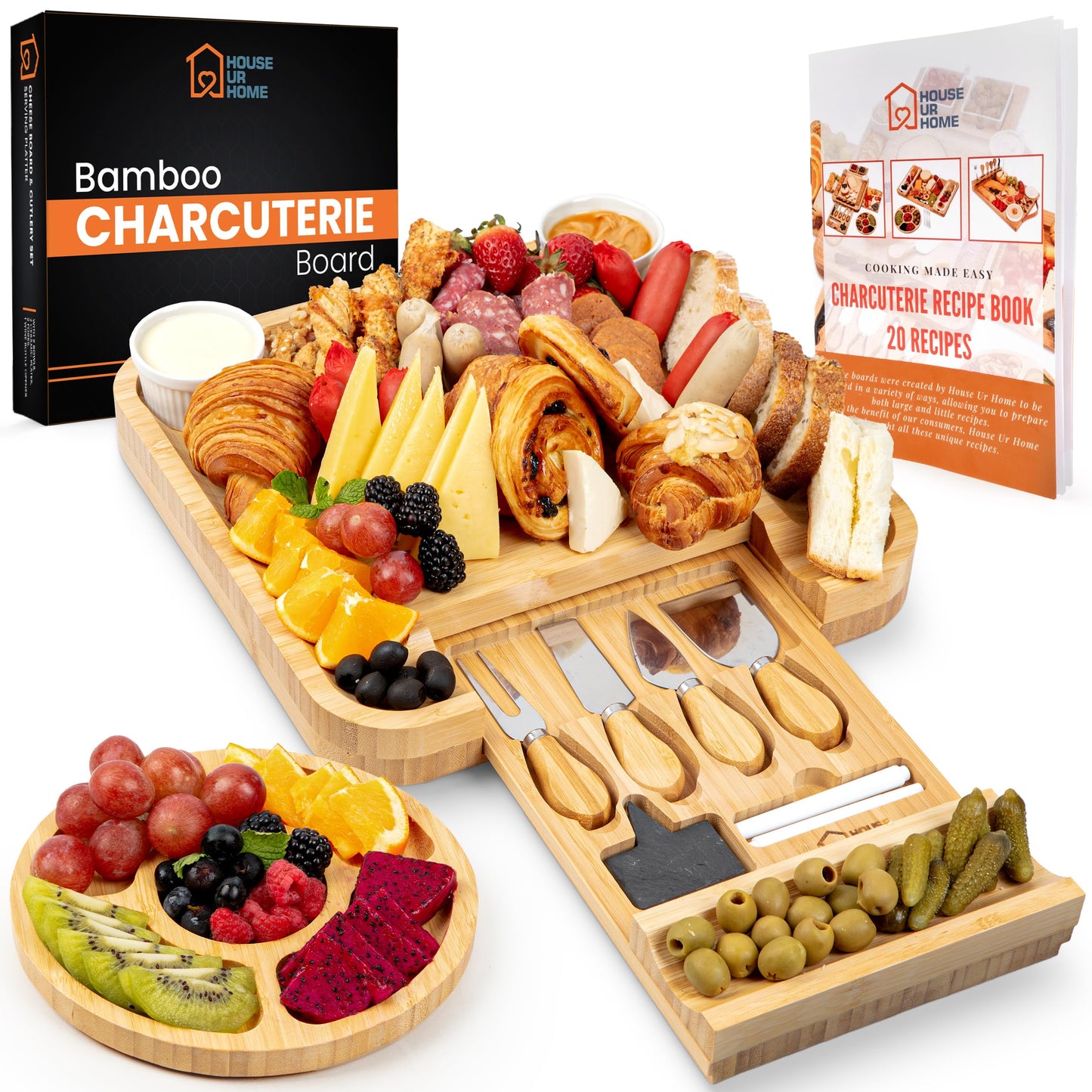 Large Bamboo Charcuterie Board Set with Hidden Drawer Storage | Cheese Board with Knives & Bowls | Perfect Housewarming, Bridal Shower