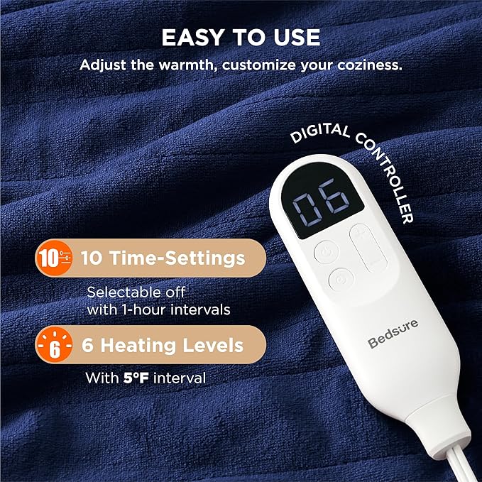 Bedsure Electric Blanket Twin - Soft Flannel Heated Blanket, Fast Heating with 10 Time Settings & 6 Heat Settings, Warm Gift for Grandma (62x84 inches, Pageant Blue)