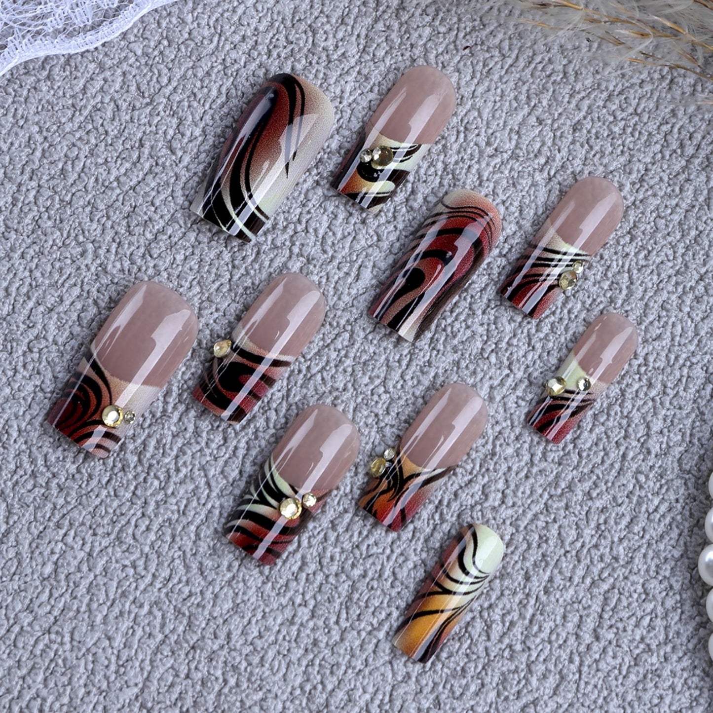 Square Press on Nails Medium Fake Nails Brown Acrylic Nail Press ons SEENEEY Tiger PrintDesigns Rhinestones Stick on Nail for Women 24pcs