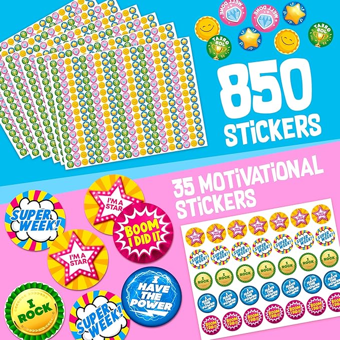 Behavior Reward System - Pad with 15 Chore Charts for Kids, 850 Stickers to Motivate Responsibility & Good Habits