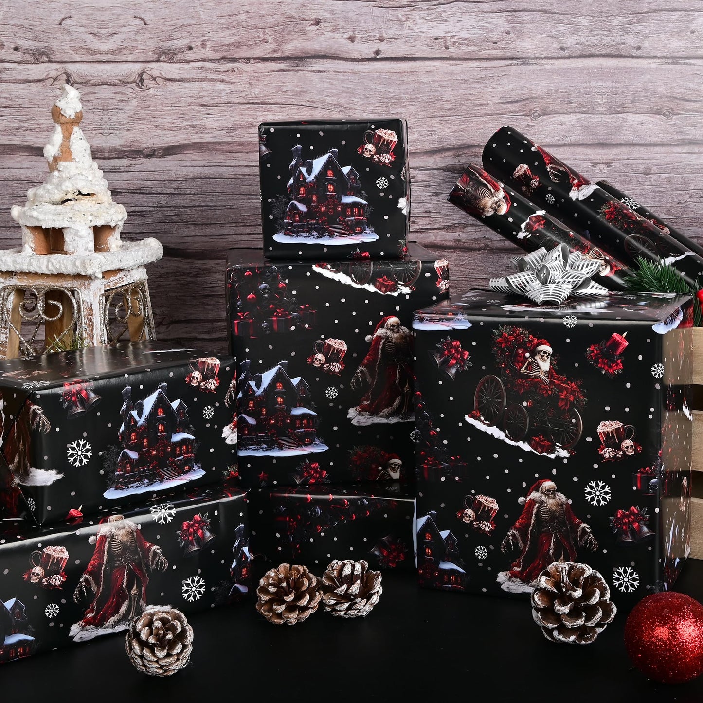 Dtiafu Gothic Christmas Wrapping Paper Roll Black Horror Christmas Santa Claus Skeleton Design Xmas Gift Wrap for Winter Halloween Holiday Party Celebration - Total 28.5sq.ft