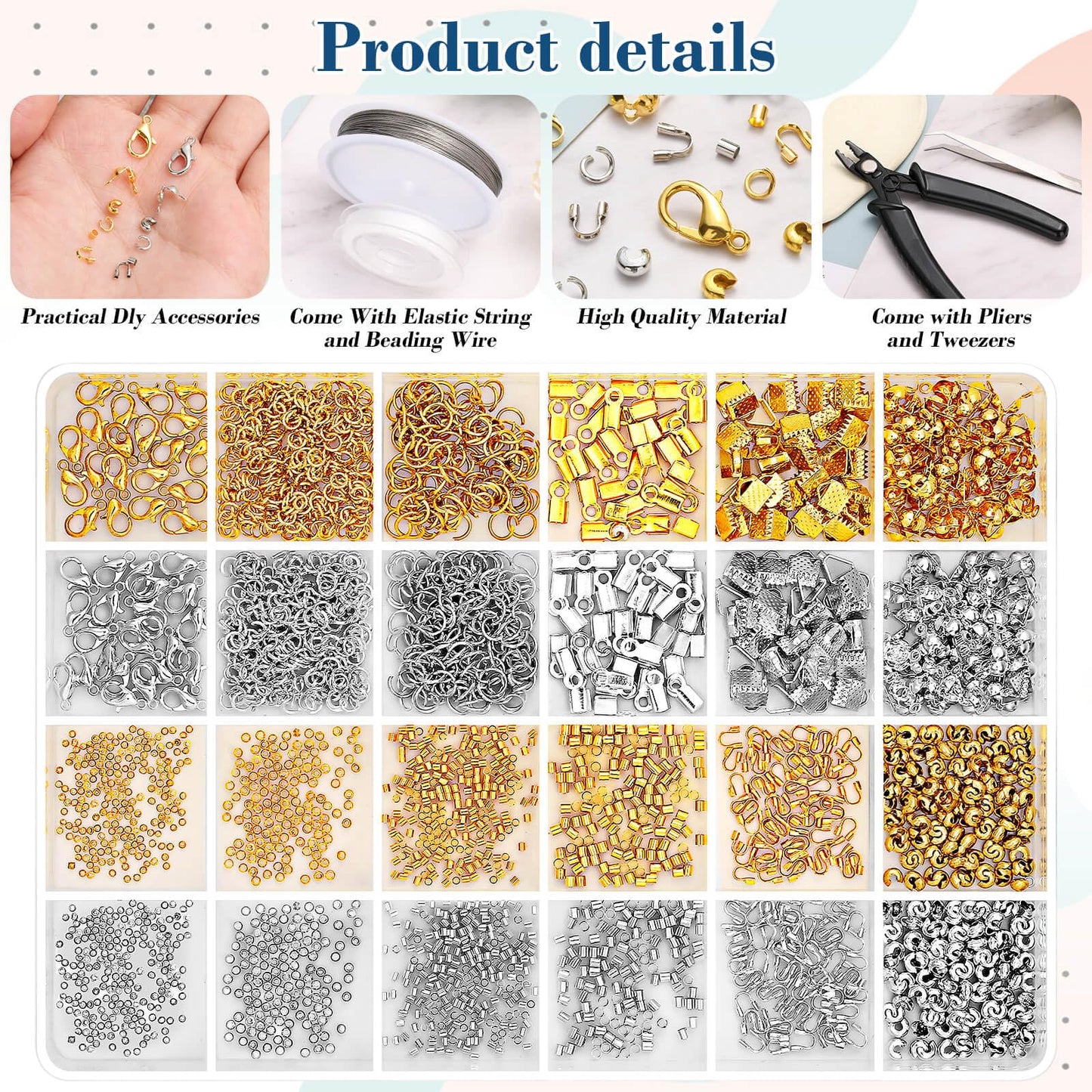 2384Pcs Crimp Beads Supplies for Jewelry Making, Including Crimp Bead Covers, Crimp Tubes, Bracelet Clasps and Closures, Crimp Ends, Jump Rings, Crimping Pliers and Beading Wire for Bracelets Making