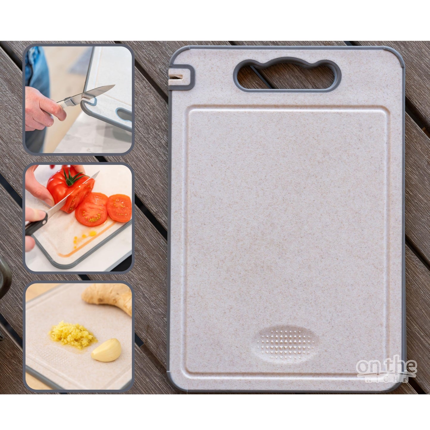 304 Stainless Steel Cutting Board – Double-Sided Kitchen Chopping Board with Wheat Straw PP, Built-in Knife Sharpener, Juice Grooves, Garlic & Ginger Grater, Handle – 14.37 x 9.84 in